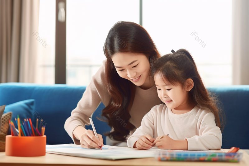 小女孩和妈妈一起画画高清摄影图,高清,摄影图,摄影图片,图片大全,摄影图免费下载